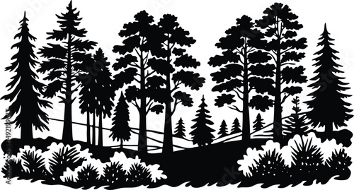 Forest silhouette with layered tree lines creating a peaceful natural scene. Minimalist black nature landscape perfect for backgrounds, outdoor themes, and environmental designs