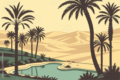 Mystical desert oasis with palm trees vector illustration