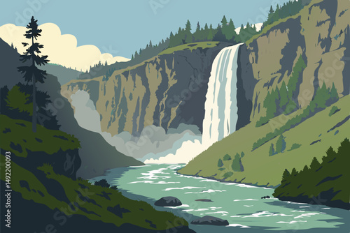 Towering waterfall plunging into deep gorge vector illustration