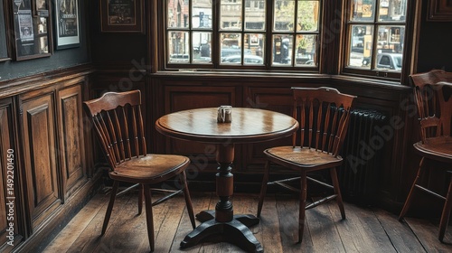 Cozy pub corner table, two chairs, city view, wood paneling, waiting