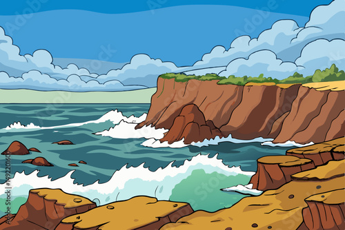 Rocky coastline with crashing waves under cloudy sky vector illustration