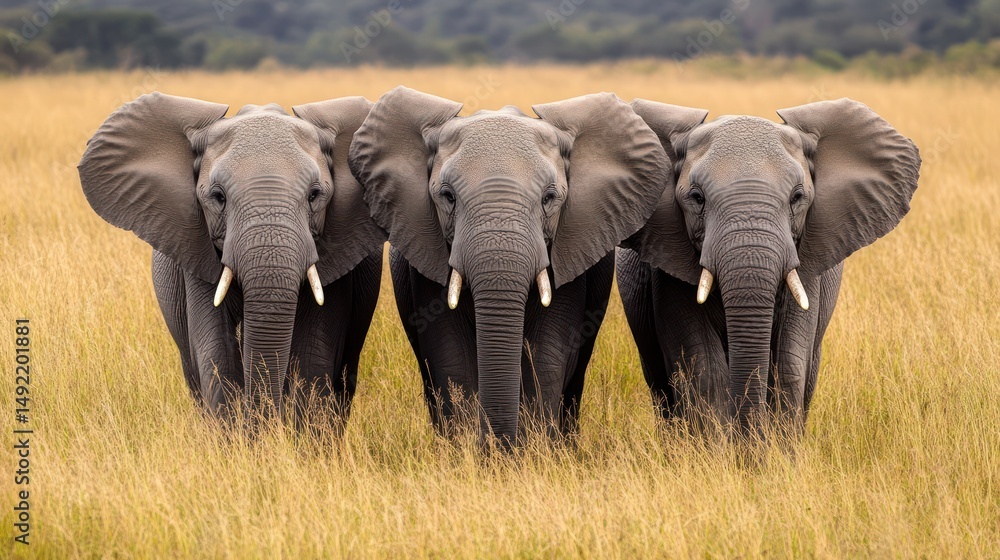 Fototapeta premium Four elephants, savanna grassland, facing camera, hills background, wildlife documentary