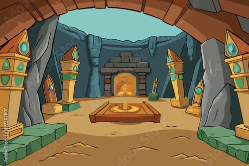 Forgotten cavern with ancient wall carvings vector illustration