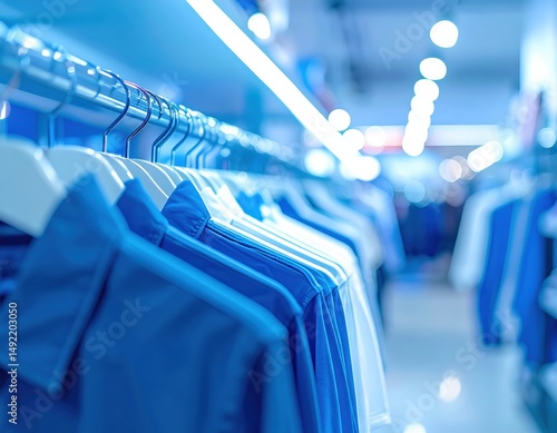 Stylish blue shirts hanging on rack in retail store with modern lighting