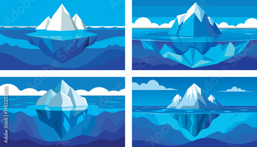 Blue ice mountain rising from the ocean with underwater view. Dramatic cold seascape featuring glacier, deep sea, and marine environment. Perfect for nature, climate, and adventure themes