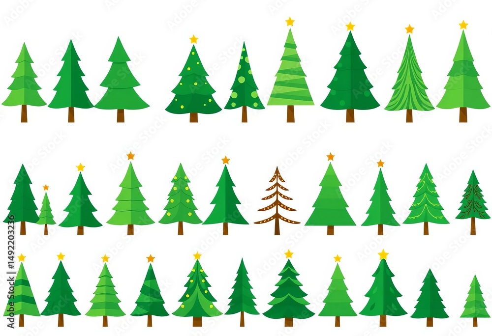 Fototapeta premium Set of stylized green Christmas trees, various shapes & sizes, ideal for festive designs, card, vintage