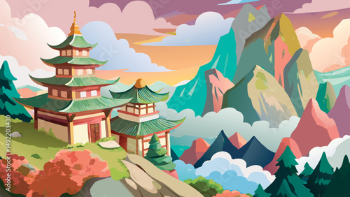 Painting of a Japanese wild mountain landscape with traditional castle. Scenic nature view featuring historic architecture, lush greenery, and cultural heritage in artistic brushstroke style