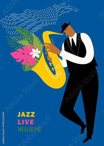 Jazz vector poster with a man playing a saxophone