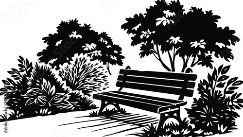 Silhouette of a park bench with surrounding trees and natural landscape. Peaceful outdoor scene perfect for relaxation, nature, leisure, and park themes. Vector illustration for backgrounds and design