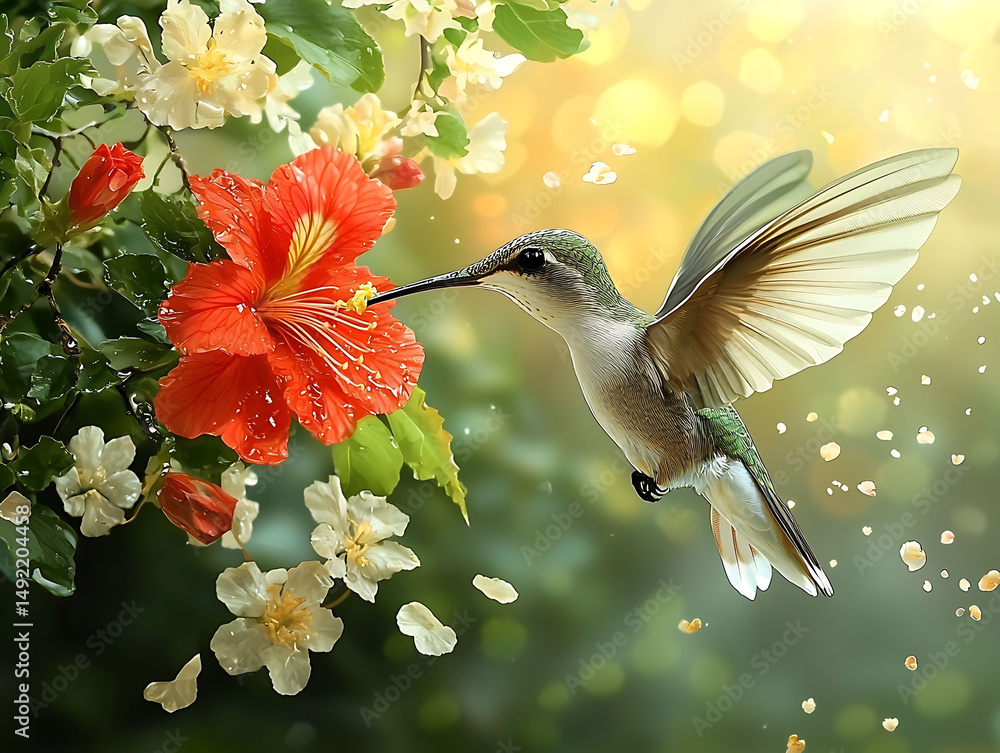 Naklejka premium Hummingbird feeding on vibrant hibiscus flower. A stunning digital painting showcasing natures beauty, ideal for websites, greeting cards, or naturethemed projects.