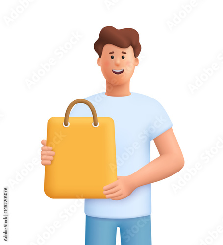 Young smiling man James holding shopping bag. Safe delivery of goods concept. 3d vector people character. Cartoon minimal style.