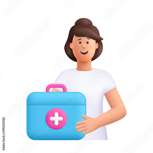Young smiling woman Jane holding first aid kit or ambulance emergency box. Healthcare, medicine concept. 3d vector people character. Cartoon minimal style.