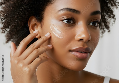 Beautiful Black Woman Applying Facial Serum, Skincare Routine, Glowing Skin, Beauty Products.