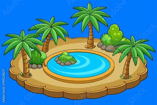Mystical desert oasis surrounded by palm trees vector illustration