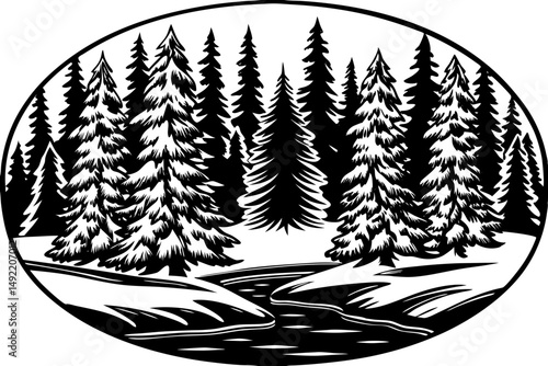 Monochrome snowy forest with fir trees vector illustration