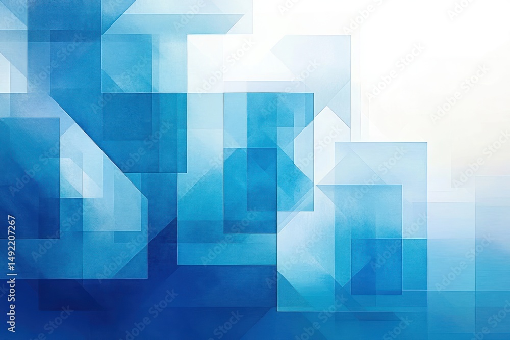 Abstract geometric composition with overlapping translucent blue rectangles creating depth and a gradient from dark blue to light blue and white Abstract geometric composition with overlapping translucent blue rectangles creating depth and a gradient from dark blue to light blue and white