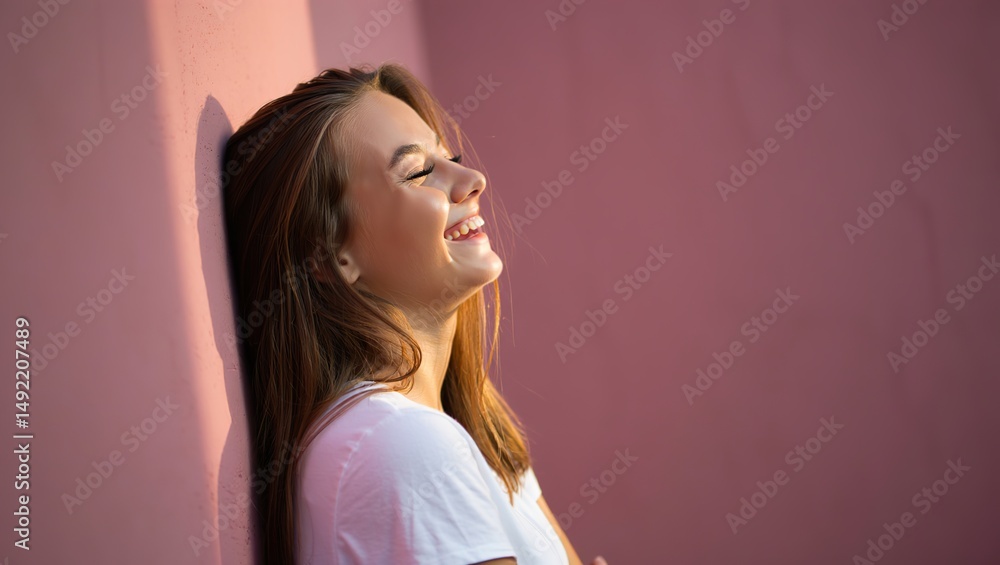 Fototapeta premium A young woman laughing joyfully, eyes closed, against a soft pastel-colored wall. Warm, natural light captures the essence of pure happiness and joy.