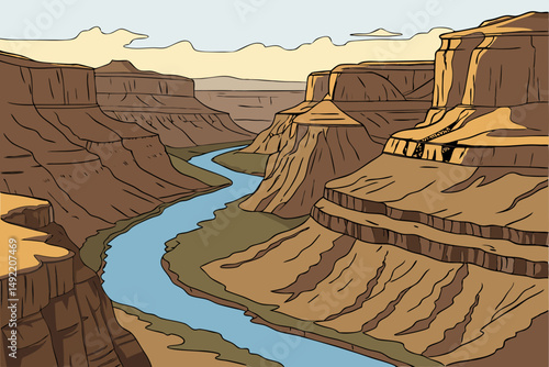 Canyon with winding river carving through landscape vector illustration