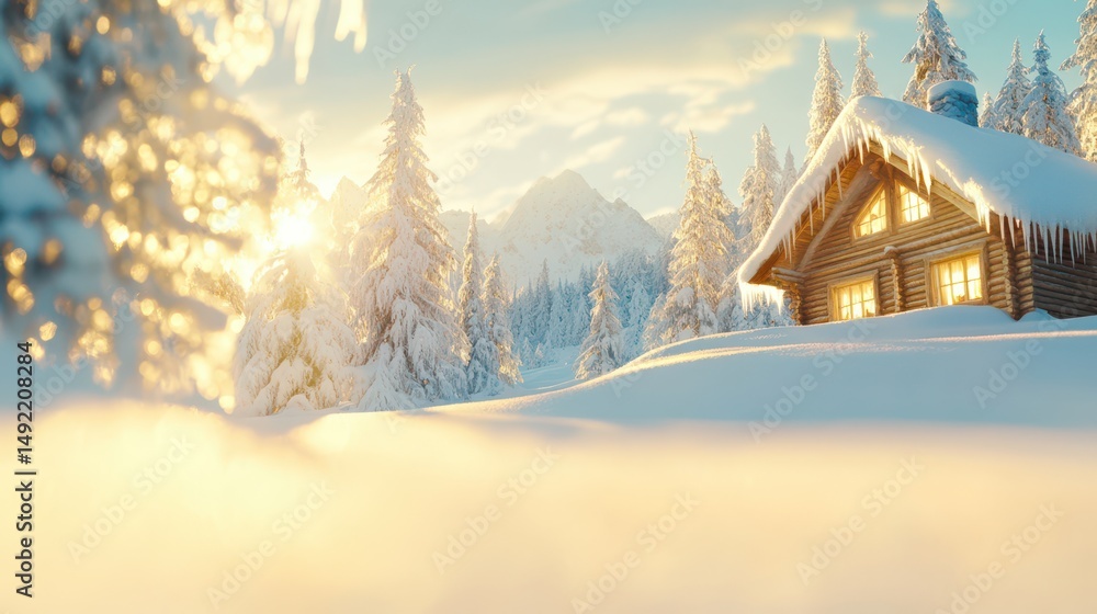 Fototapeta premium Winter Wonderland: A serene snow-covered scene where a cozy cabin nestled amidst towering, snow-laden pine trees. The landscape is bathed in the golden light of a setting sun, creating a picturesque.
