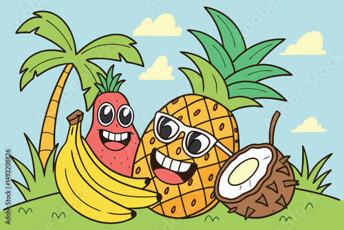 13 a bunch of happy tropical fruits with sunglasses, smiling, colorful, whimsical, cartoon-style, vibrant, detailed, digital art