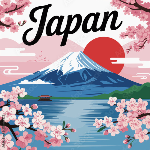 Japan Mount Fuji and Cherry Blossoms with Rising Sun Poster