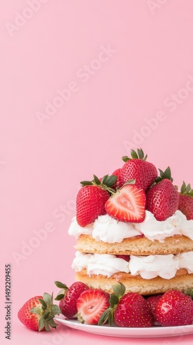 Strawberry Layer Cake: A visually appealing image of a delicious strawberry layer cake, with fresh red strawberries atop layers of creamy whipped cream, inviting indulgence against a soft background.