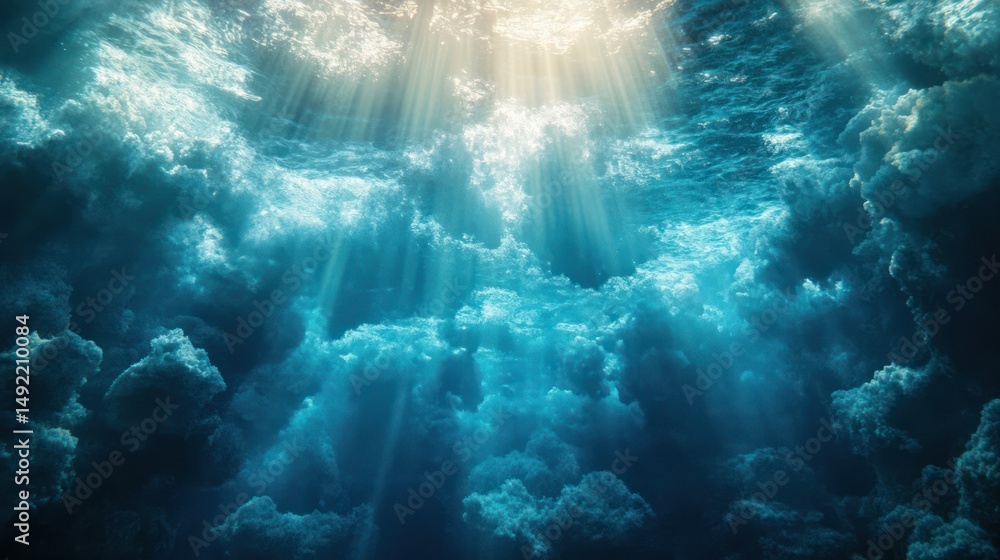 Fototapeta premium Underwater sunbeams pierce ocean clouds, serene background, ideal for calming visuals