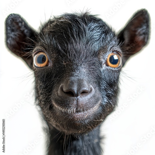 Enchanting Close Up Portrait of a Curious Black Pygmy Goat with Striking Amber Eyes on White Backdrop