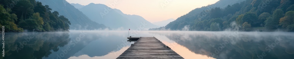 Obraz premium Traditional lakeside landing stage, misty Derwentwater morning, travel, spring