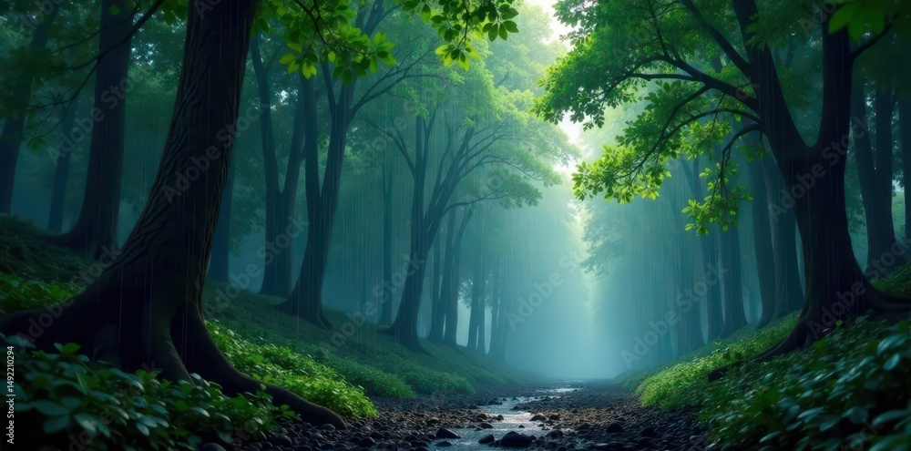 Naklejka premium Torrential rain lashes Osaka forest, trees bowed low , drops, downpour