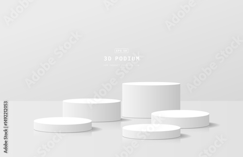 Abstract soft 3D room with Realistic white cylinder pedestal podium. Minimal scene for product display presentation. 3d vector geometric platform design. Stage for showcase. Vector rendering.