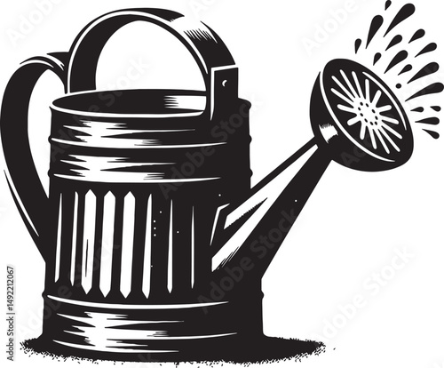 A black and white illustration of a watering can with water spraying from the spout