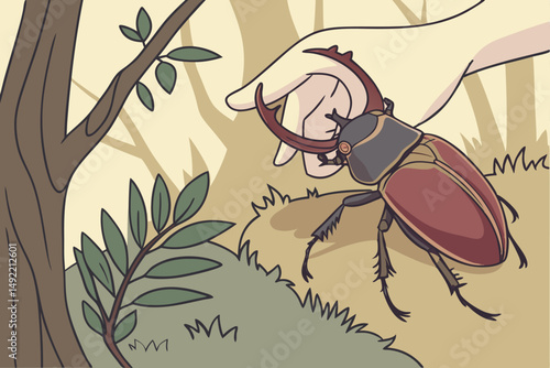 15 closeup of a hand holding a large stag beetle insect, intricate detail, macro photography, shallow depth of field, natural light, outdoor forest scene, beautiful colors