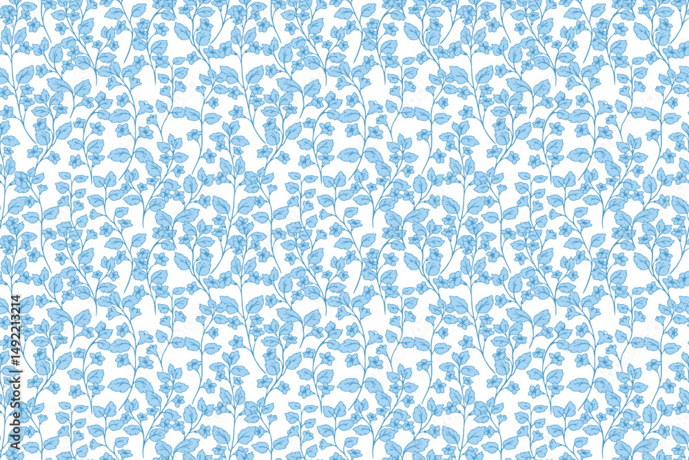 Seamless vector pattern of blue floral branches on a white background. Elegant and romantic design ideal for textiles, wallpapers, packaging, and botanical themed projects Seamless vector pattern of blue floral branches on a white background. Elegant and romantic design ideal for textiles, wallpapers, packaging, and botanical themed projects