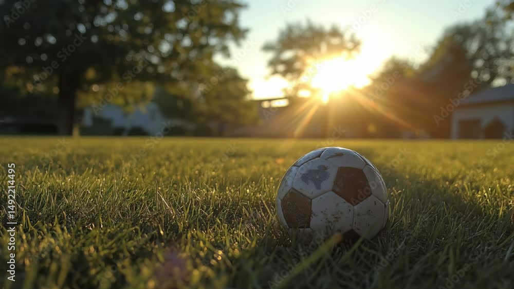 A scuffed soccer ball rests on dewy grass as children run toward it in the evening sunlight