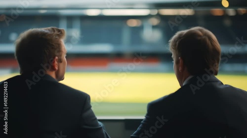 Businessmen strategize while observing stadium field from vip lounge