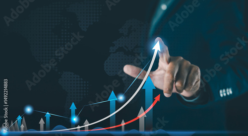 A businessperson interacts with a digital graph showing upward financial growth, with global data and rising arrows.