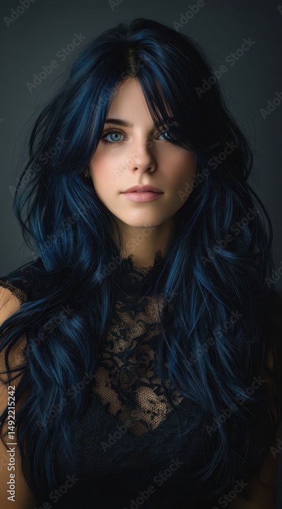 This captivating beauty portrait features a subject with dark blue hair in a studio setting. The composition highlights her striking eyes and elegant attire, creating a bold visual impact This captivating beauty portrait features a subject with dark blue hair in a studio setting. The composition highlights her striking eyes and elegant attire, creating a bold visual impact