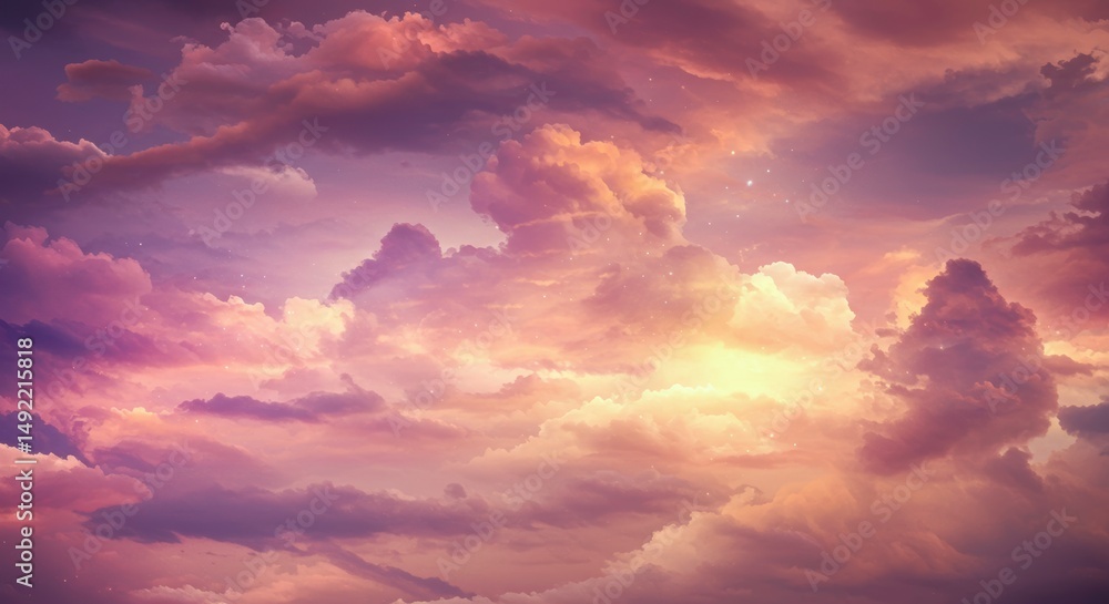 Obraz premium Dreamlike Sunset Sky Golden Hues Fluffy Clouds and Sparkling Stars