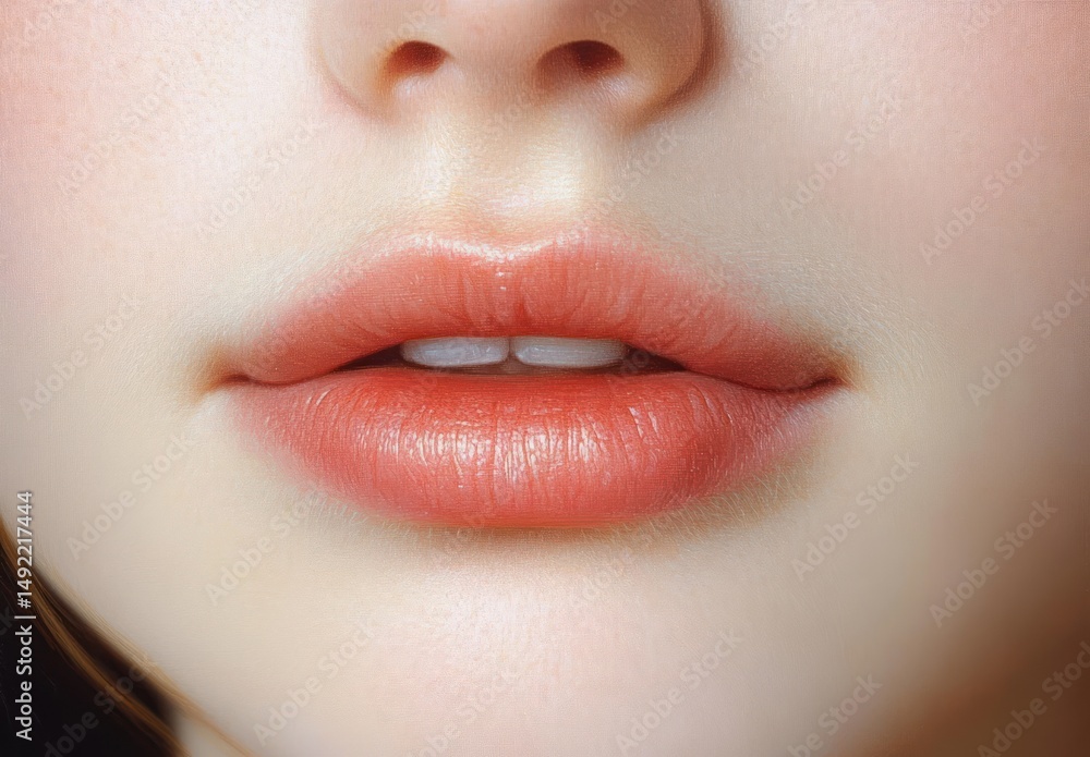 Fototapeta premium Close-up of softly parted lips and lower nose on smooth, fair skin showing subtle natural texture and gentle light reflection