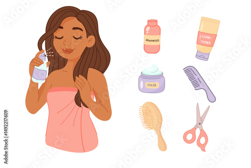 Woman using haircare products with various cosmetic tools
