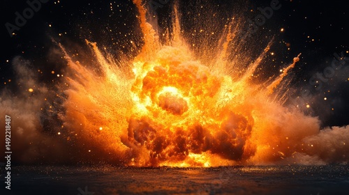 Fiery explosion, night sky backdrop, sparks, impact, ground zero, destructive power, cinematic effect, action movie scene
