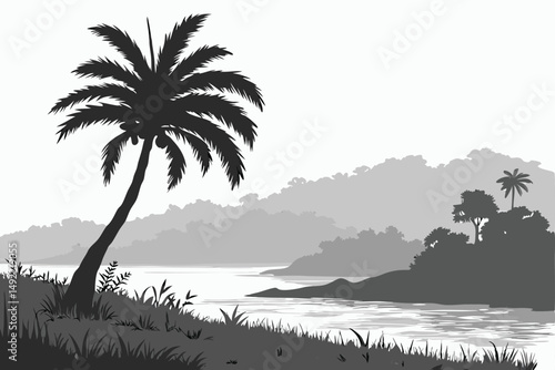 100 1 palm tree, tropical landscape, moody, black and white, minimalist, cinematic, dramatic lighting, serene, tranquil, reflective water, atmospheric, mist, fog, overcast skies, beauty in simplicity,