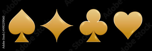Golden playing card suits set. Gold poker cards: spade, club, diamond, heart isolated on black background. Classic poker and casino symbols minimalistic and simple design. Vector illustration.
