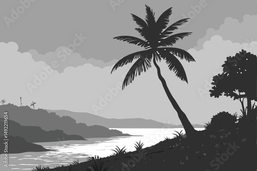 100 1 palm tree, tropical landscape, moody, black and white, minimalist, cinematic, dramatic lighting, serene, tranquil, reflective water, atmospheric, mist, fog, overcast skies, beauty in simplicity,