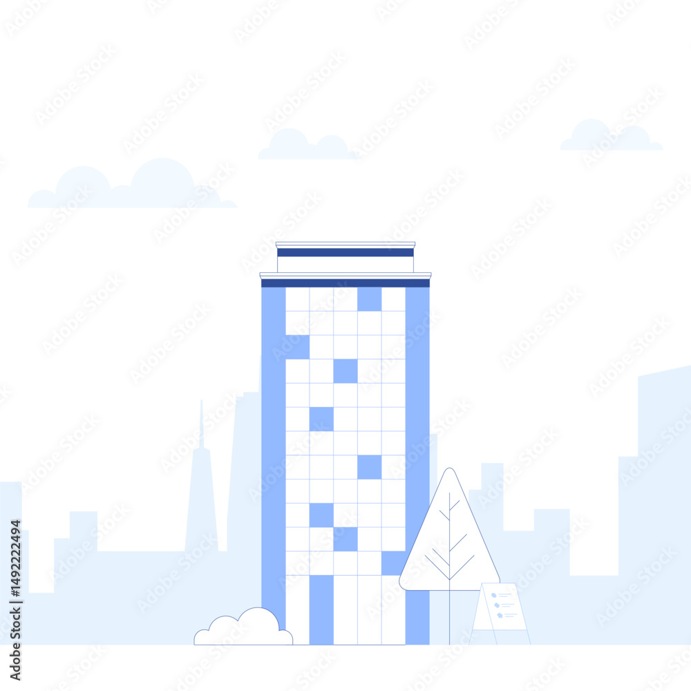 Obraz premium Suburb city street with apartments houses and shop buildings horizontal background. City view with house facades. Abstract architecture modern cityscape panorama. Vector illustration in flat style