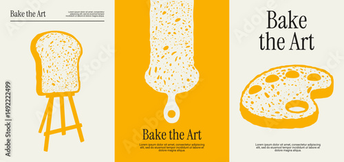 Creative baking and art fusion illustrations featuring toast as brush, canvas, and palette with minimal concept.