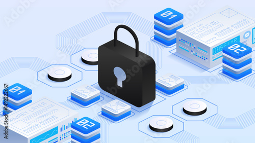 Internet security in software development. Large black padlock protection. Technological elements like circuit connections. The blue and white color scheme. An isometric vector illustration