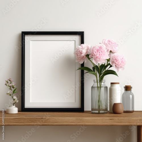 A modern black picture frame holds a blank white canvas, placed on a wooden table next to a beautiful floral arrangement. Soft pink flowers in a glass vase add a touch of elegance