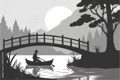 102 moody atmosphere, dramatic silhouette, peaceful lake, reflection on water, wooden bridge, lone boat, silhouette of person in boat, atmospheric lighting, black and white, minimalist landscape